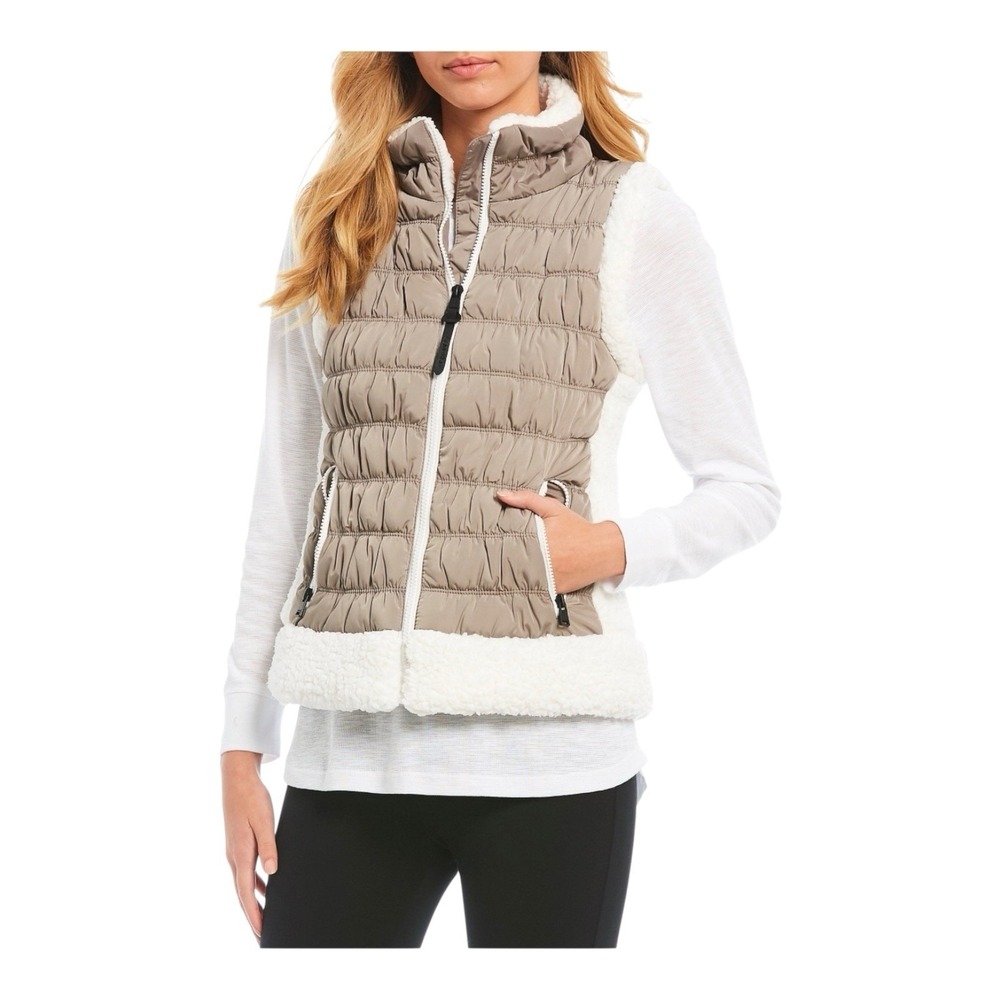 Calvin Klein Performance‎ Puffer Vest Full Zip Sherpa Trim Beige Taupe Size XL